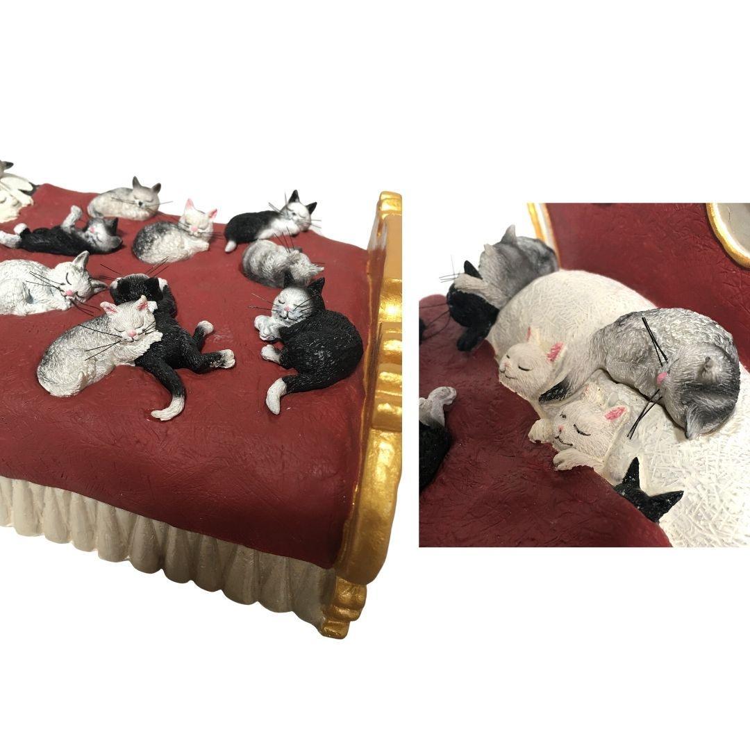 Dubout Cats with Many Kittens Sleeping on Gold and Red Fancy Bed Figurine Statue 8.5L - Museumize.com