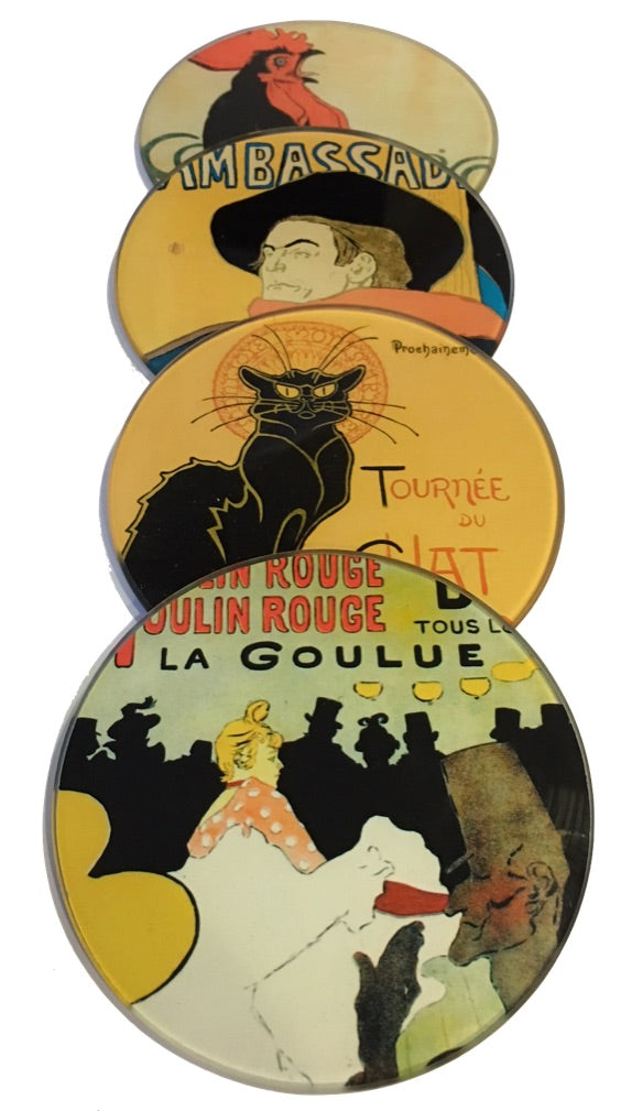 Parisian Posters Lautrec Steinlen Belle Epoque Bar Drink Glass Coasters Set of 4