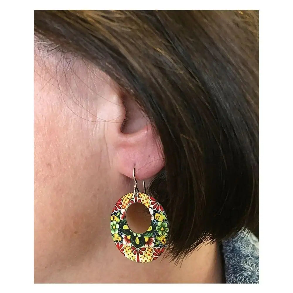Drop Earrings Mexican Tile Round Multicolor Dangle Handmade Aluminum 1.75L - Museumize.com