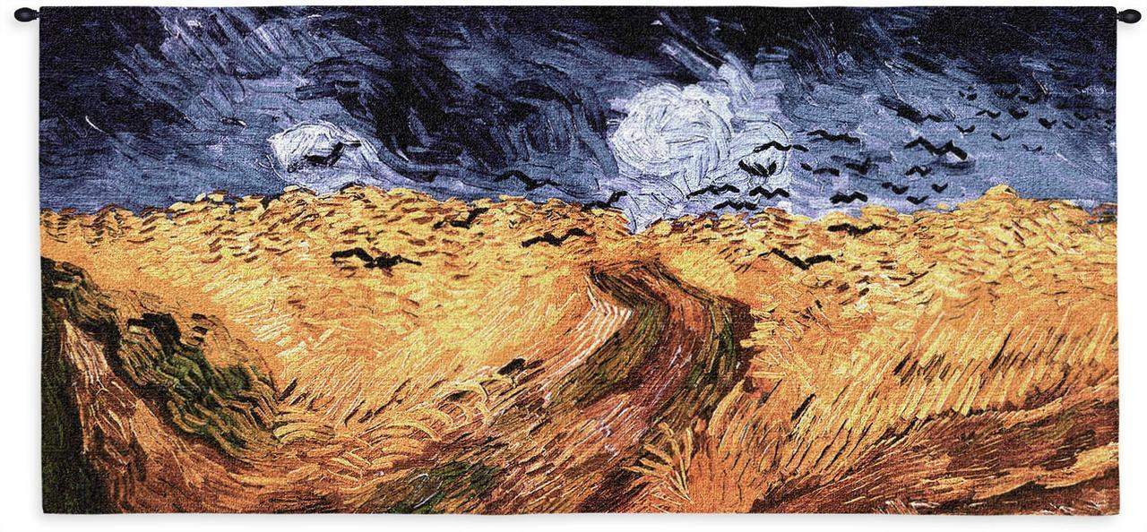 Van Gogh Wheat Fields with Crows Blackbirds Yellow Blue Woven Museum Wall Tapestry 54x26 - Museumize.com