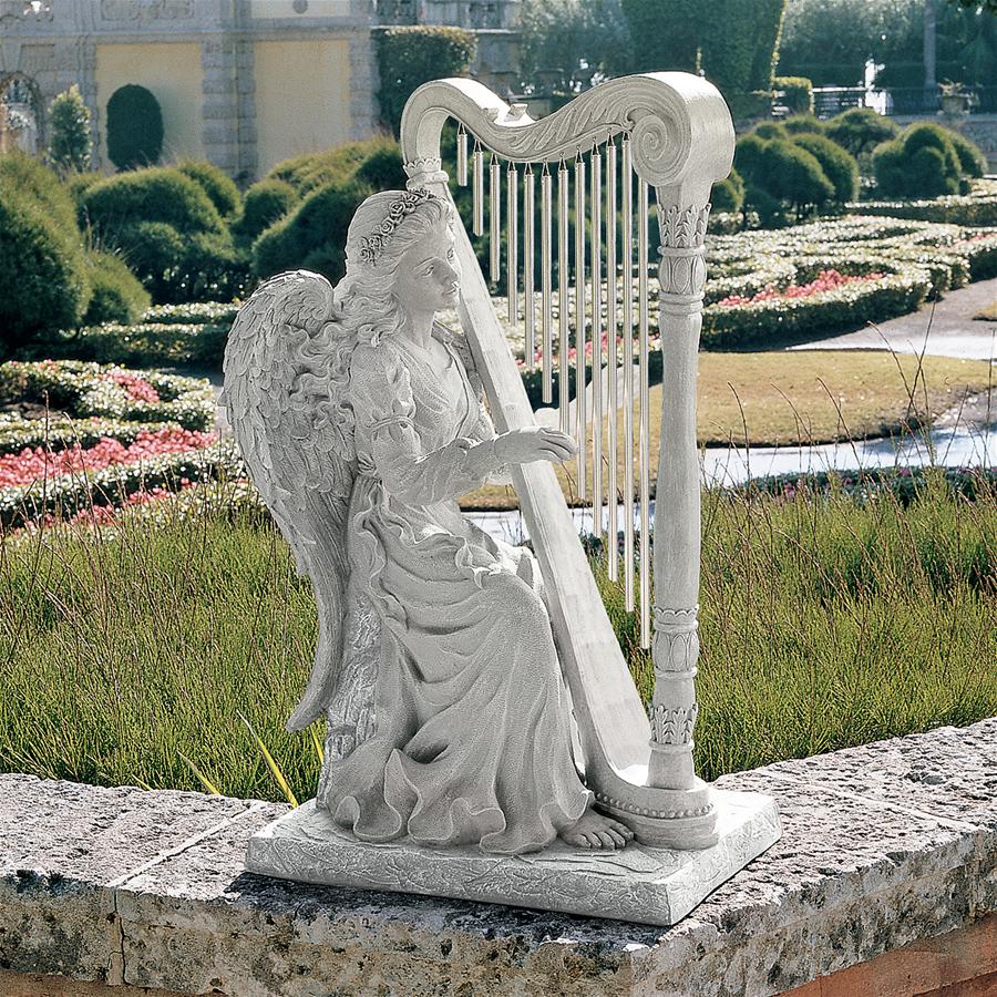 Music from Heaven Angel Playing Harp Garden Statue with Wind Chimes 29