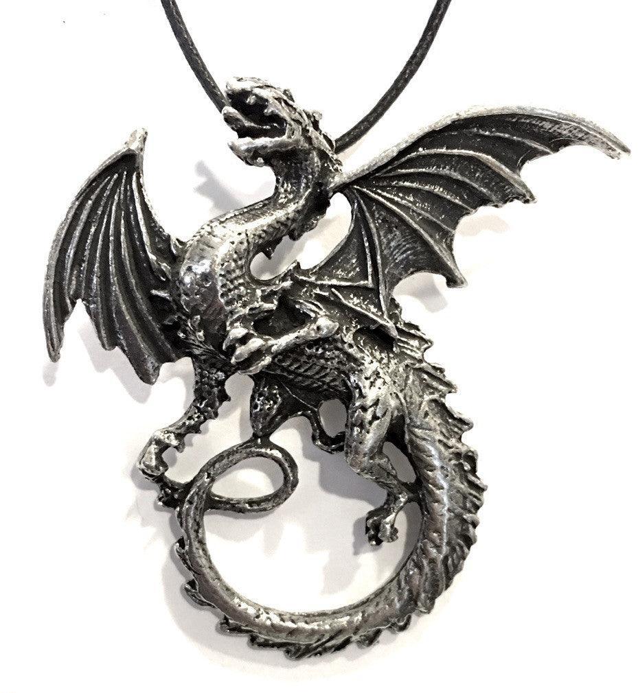 Dragon Breathing Fire Celtic Pewter Pendant Costume Charm Necklace - Museumize.com