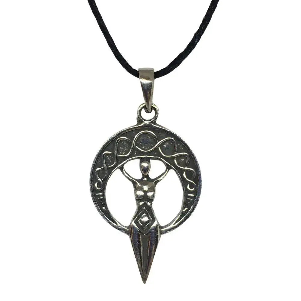 Moon goddess pendant front view, lead-free pewter, female figure with arms raised within crescent moon, triple moon symbol above, Celtic knotwork border, ETM-109, 1.25 in H