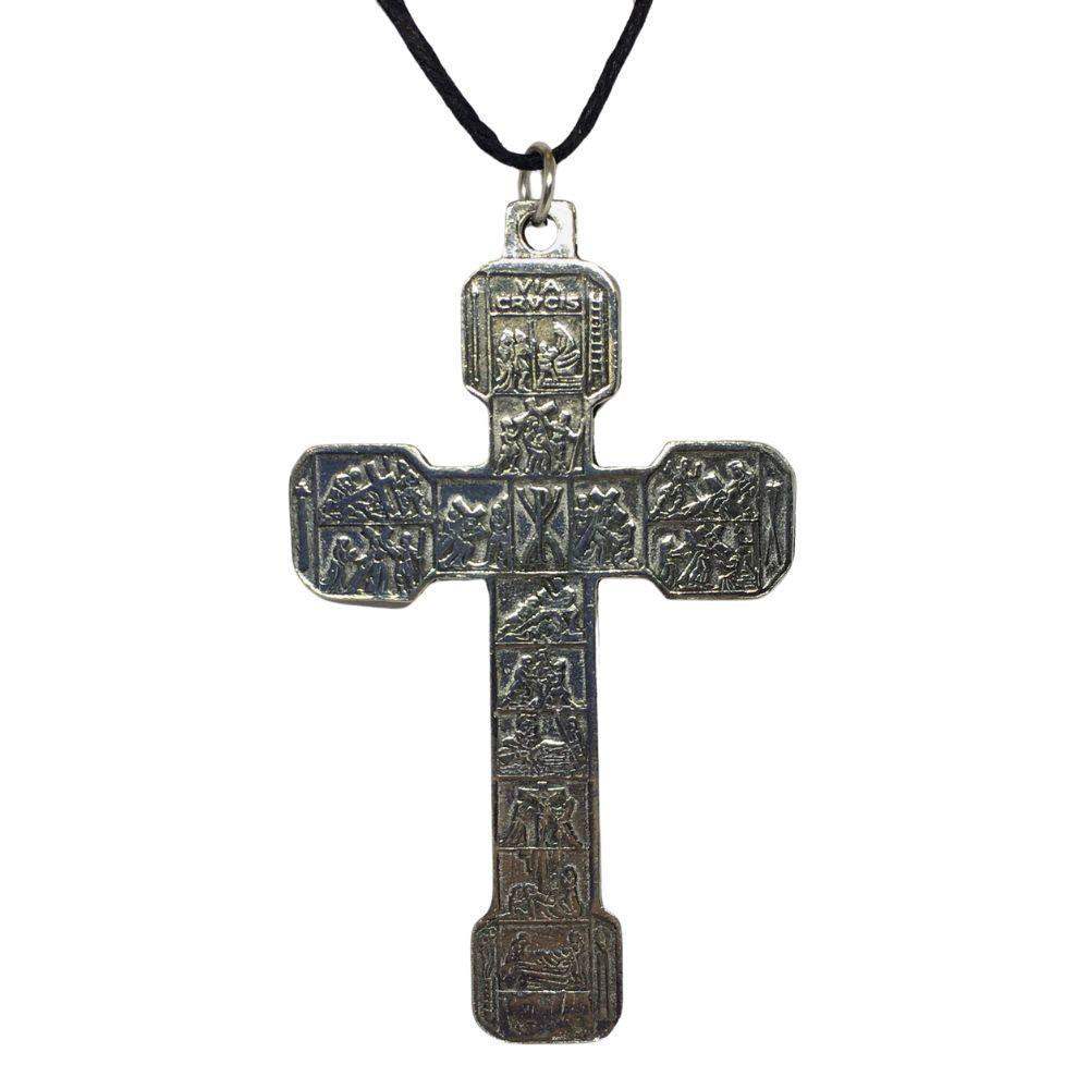Renaissance Crucifix Cross Two-Sided Pendant Pewter Unisex Charm Necklace 2.75L - Museumize.com