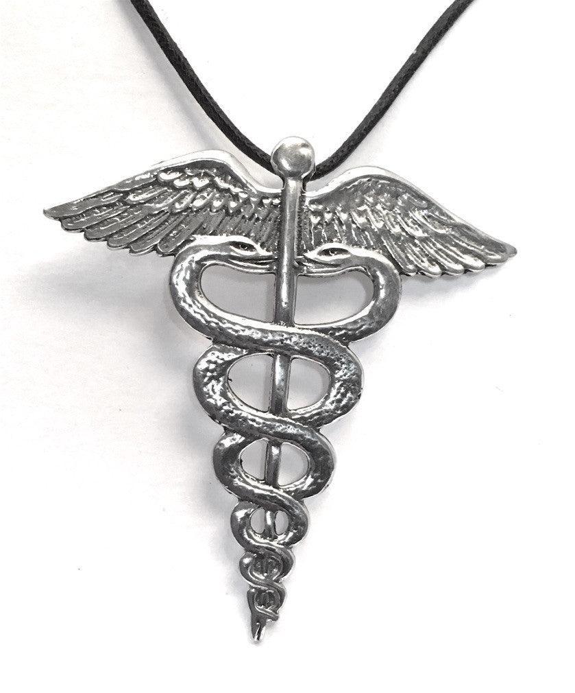 Medicine Symbol Caduceus Talisman Amulet Pewter Necklace - Museumize.com