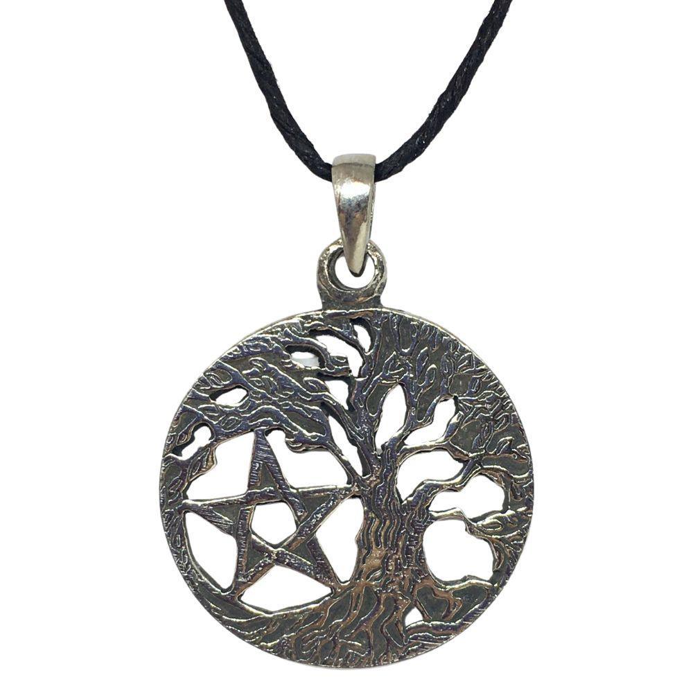 Pentacle of Tree of Life Round Wiccan Sorcery Unisex Pewter Pendant Charm Necklace 1.1L - Museumize.com