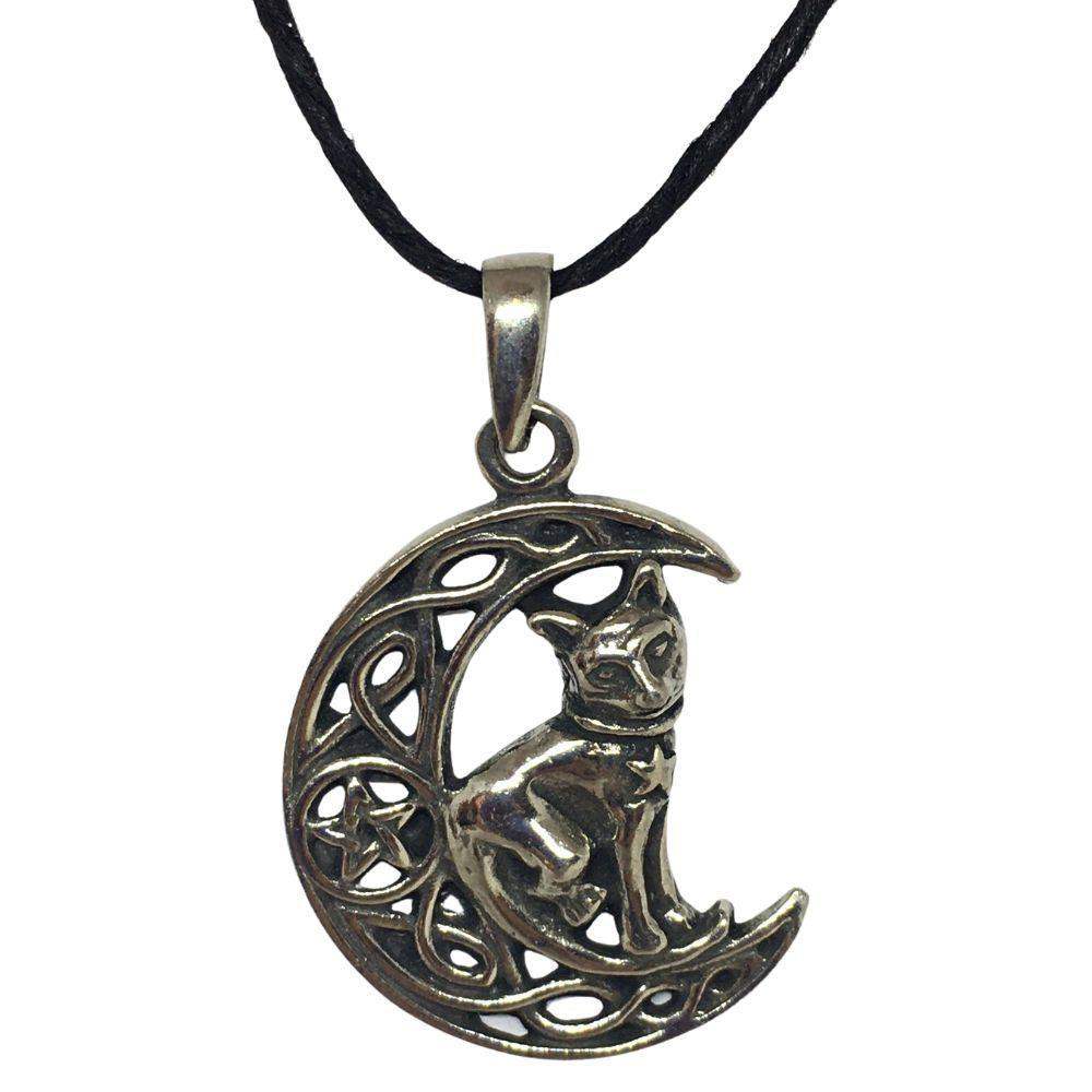 Pentacle of Cat on Moon Wiccan Sorcery Unisex Round Pewter Pendant Necklace 1.1L - Museumize.com
