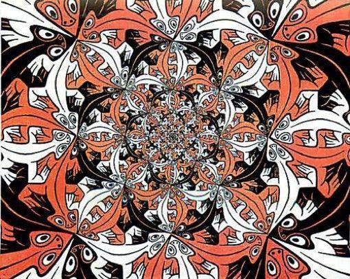 Three-dimensional spherical tessellation orb rotating to reveal Escher's complete gecko pattern from multiple angles, showcasing how flat tessellation adapts to spherical form.