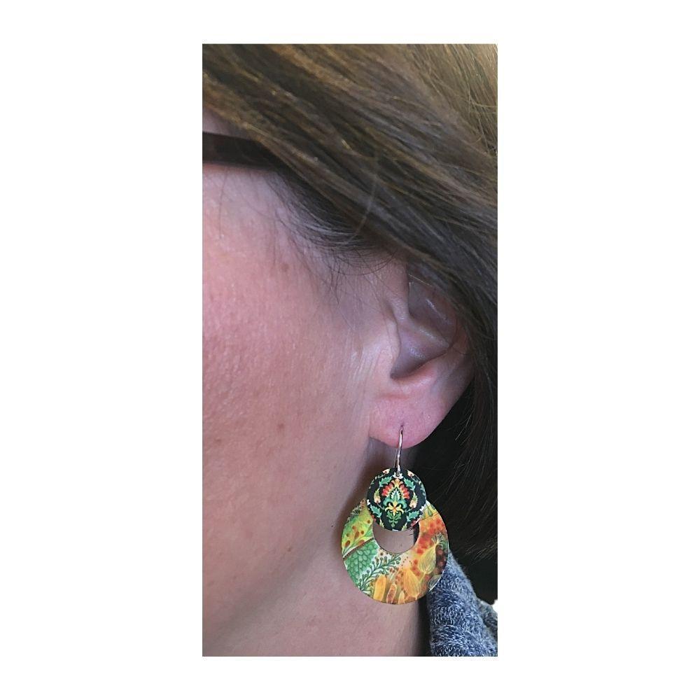 Fall Color Patterns on Two Circle Drops Handmade Artisan Earrings 1.75L - Museumize.com