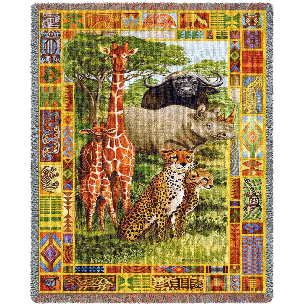 African Plains Giraffe Buffalo Rhino Cheetah Woven Tapestry Throw Blanket With Fringe 72x54 - Museumize.com