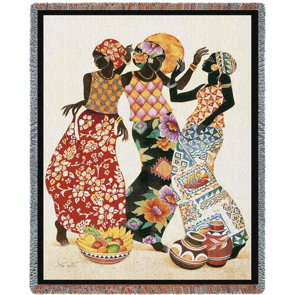 Carribbean Black Women Dancing Jubilation Woven Tapestry Throw Blanket with Fringe Cotton 72x54