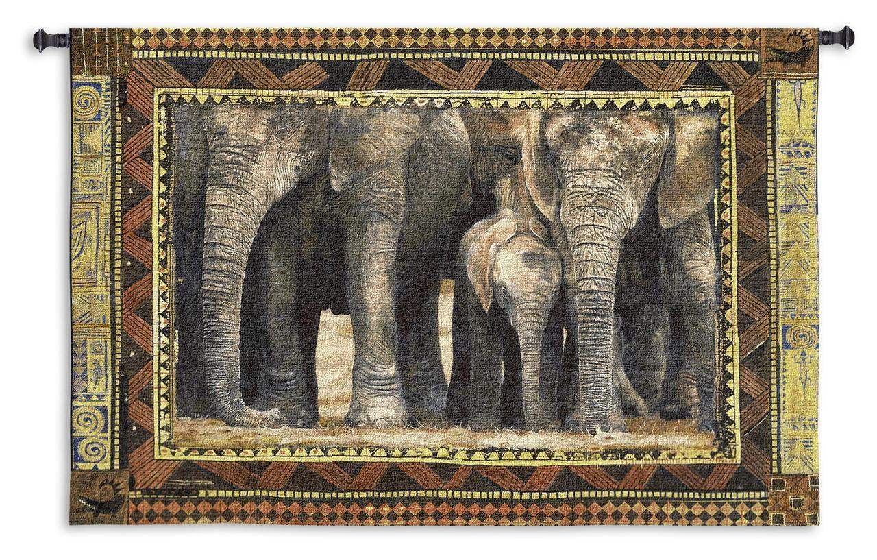 Elephants with Calfs African Animals Brown Black Woven Wall Tapestry 53x38 - Museumize.com