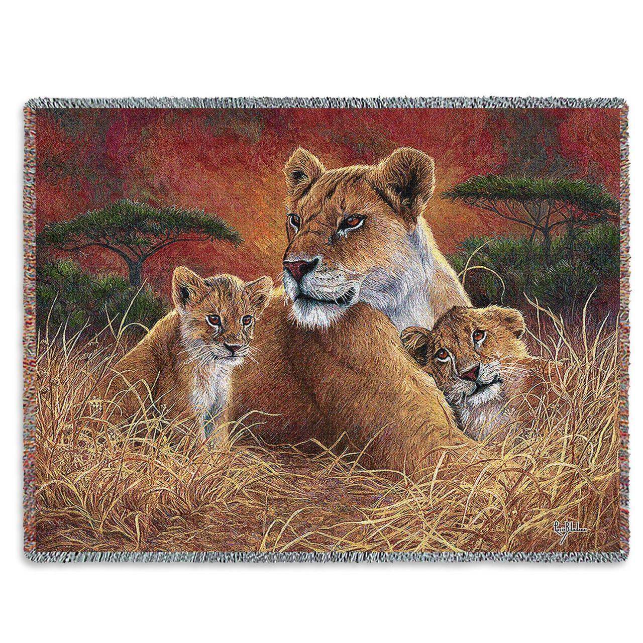 Lions and Lion Cubs African Animals Motherly Love Woven Tapestry Throw Blanket with Fringe Cotton 72x54 - Museumize.com