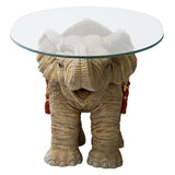 Elephant Trunk Up Accent Table Indian Festival Holi with Glass 18H