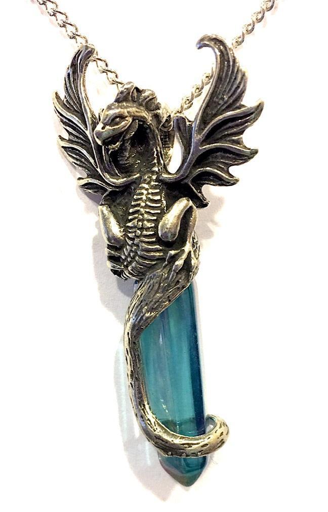 Winged Dragon Holding Long Crystal Fantasy Pewter Pendant Necklace - Aqua Aura - Museumize.com