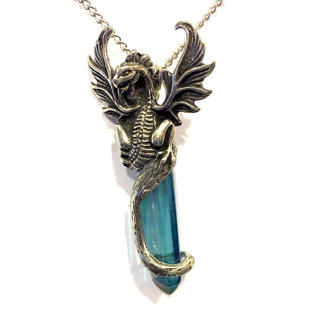 Winged Dragon Holding Long Crystal Fantasy Pewter Pendant Necklace - Aqua Aura - Museumize.com