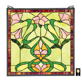 Nouveau Lily Green Yellow Pink Square Stained Glass Window 17H x 17W