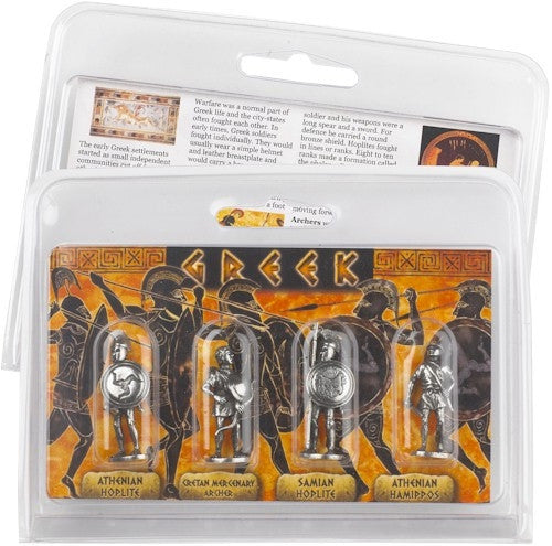 Set of four pewter miniature Greek warriors including hoplites and archer, 1.5-inch figures inspired by ancient Greece.