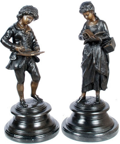Museumize:French Boy and Girl Children Reading Books Statue Pair, Lost Wax Bronze - 7936