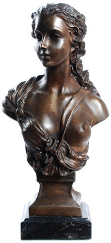 Maiden Woman Long Hair Bust Statue Lost Wax Bronze Metal 17H - Museumize.com