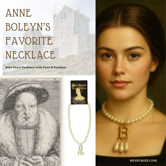 Anne Boleyn's favorite pearl necklace with gold B pendant, historical portraits and packaging