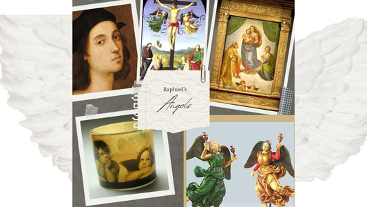 Raphael's angels collage featuring classic Renaissance paintings, sculptures, and angel artwork.