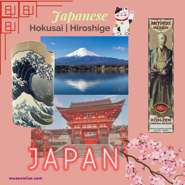 Japanese Hokusai and Hiroshige collection banner with Great Wave vase, Mount Fuji, shrine gate, and samurai incense.