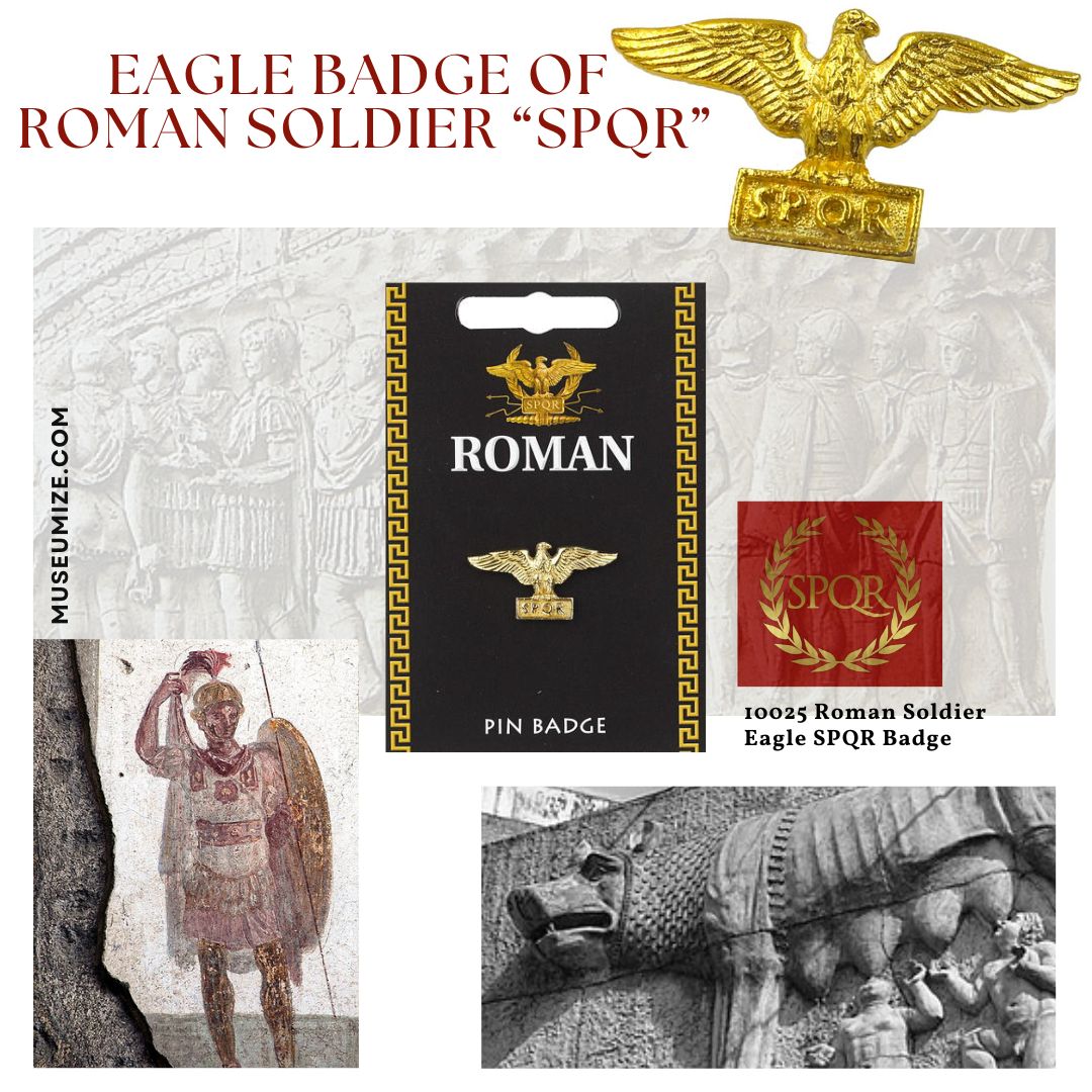 Roman soldier SPQR eagle badge pin on display card, with Roman art and SPQR laurel emblem