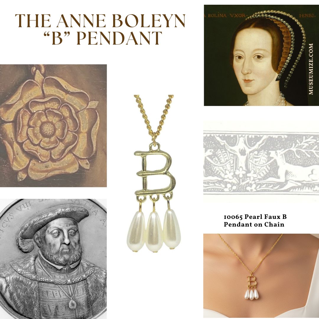 Anne Boleyn gold 'B' pendant necklace with three pearl drops and Tudor imagery.