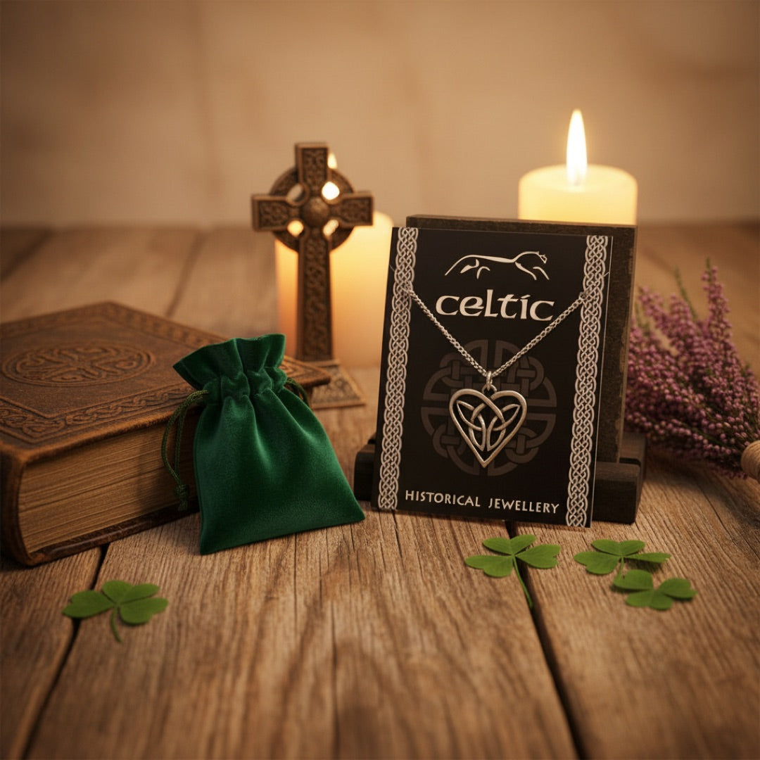Pewter Triquetra necklace with heart pendant on a Celtic Historical Jewellery display card.