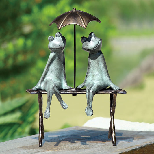 Frog Couple Lovers on Bench Big Smiles with Umbrella Garden Statue Metal 18.H