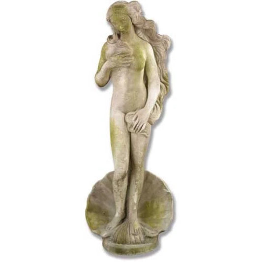 Full front view of the Birth of Venus garden statue adapted from Botticelli's painting, showing classical contrapposto pose