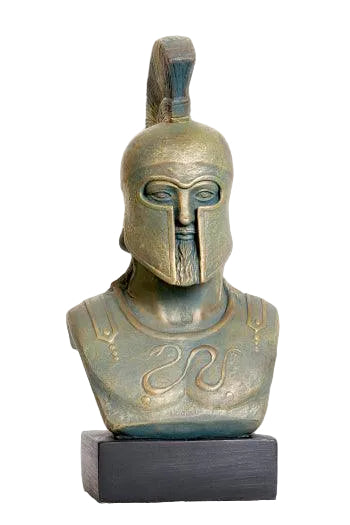 Bronze bust of a warrior with helmet on a white background