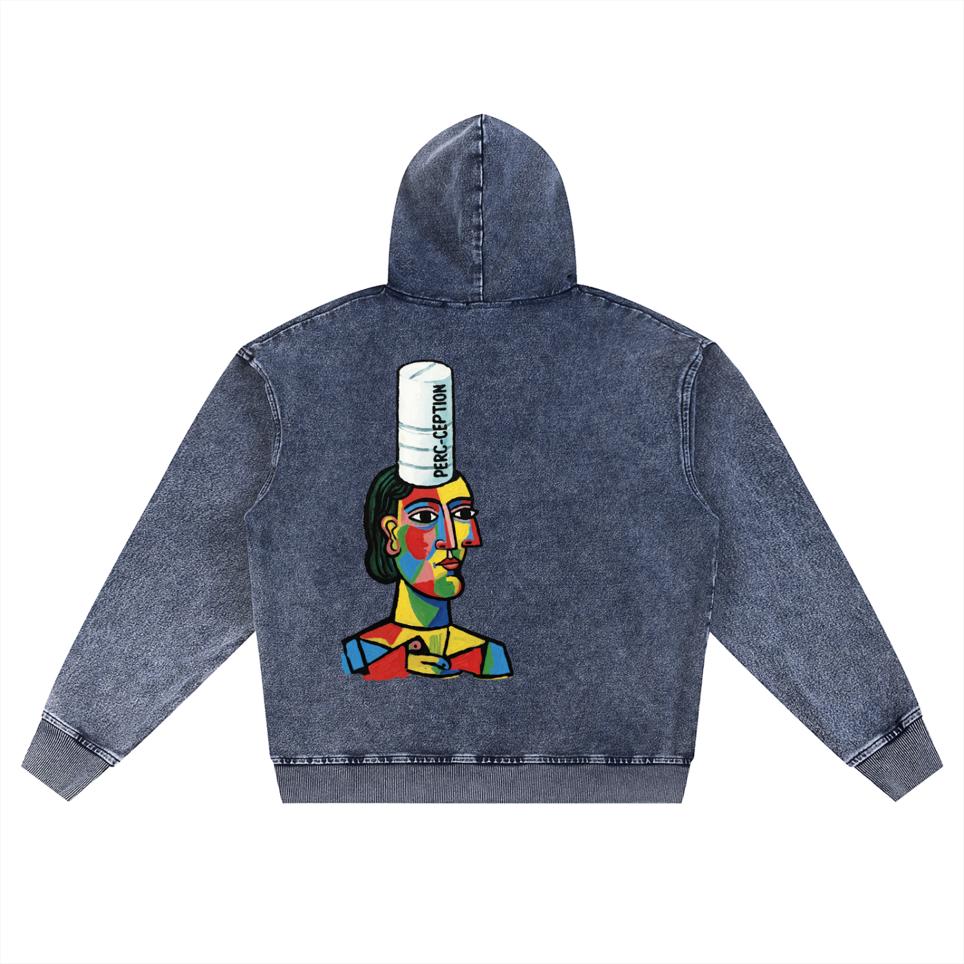 Denim hoodie with a colorful graphic on the back against a white background