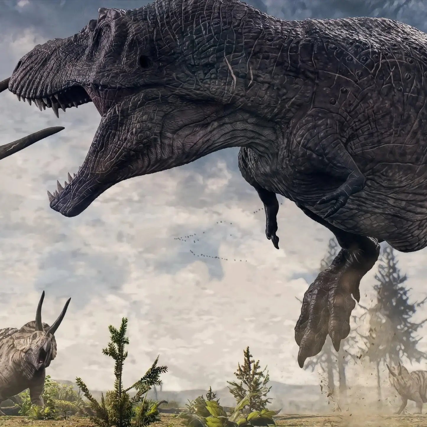 Prehistoric scene with two large dinosaurs in a natural landscape.