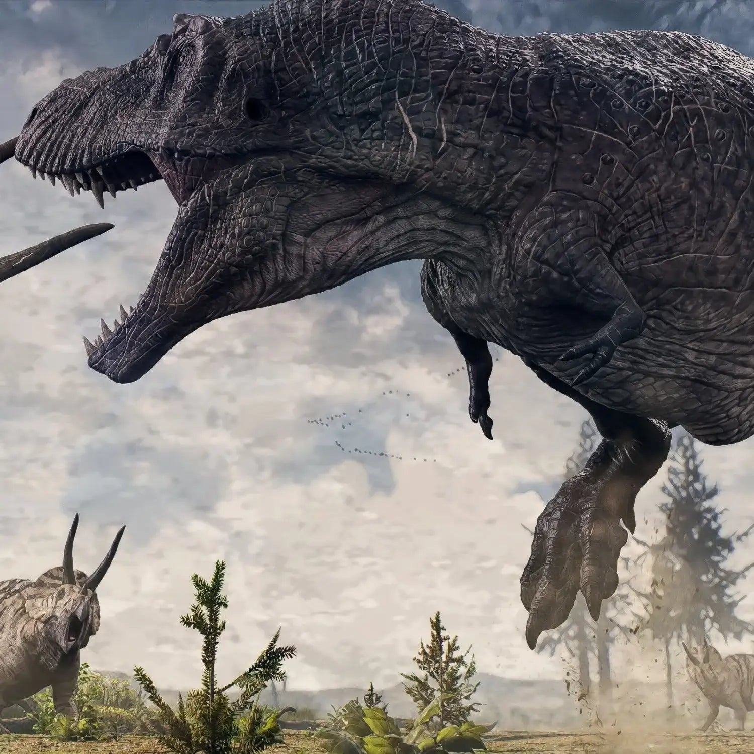 Prehistoric scene with two large dinosaurs in a natural landscape.