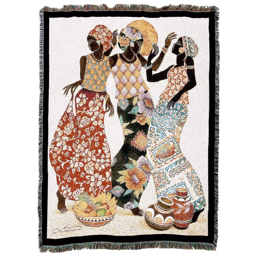 Carribbean Black Women Dancing Jubilation Woven Tapestry Throw Blanket with Fringe Cotton 72x54 - Museumize.com
