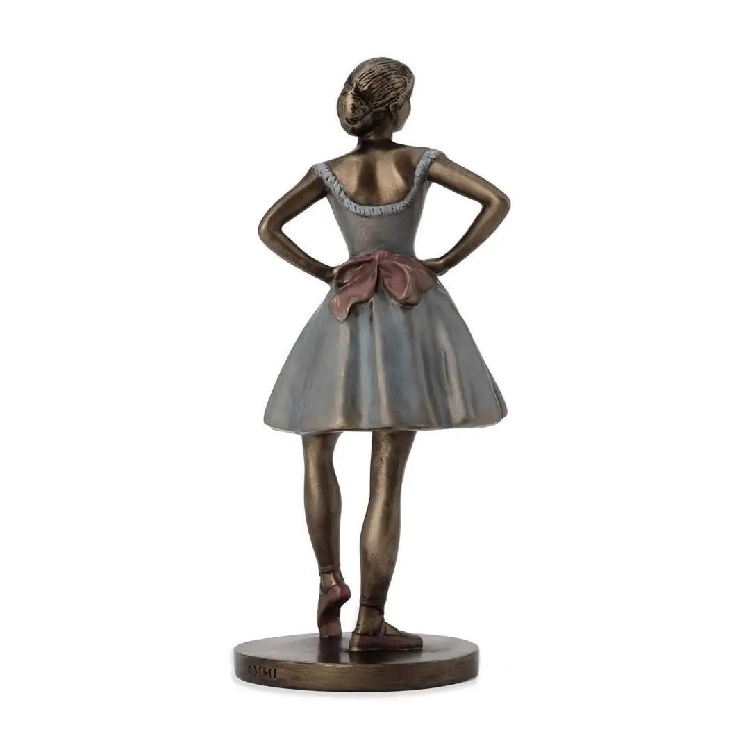 Degas ballet dancer figurine Rose standing 8 inches tall on base, hand-finished crushed stone resin with bronze and color detail, suitable for display.