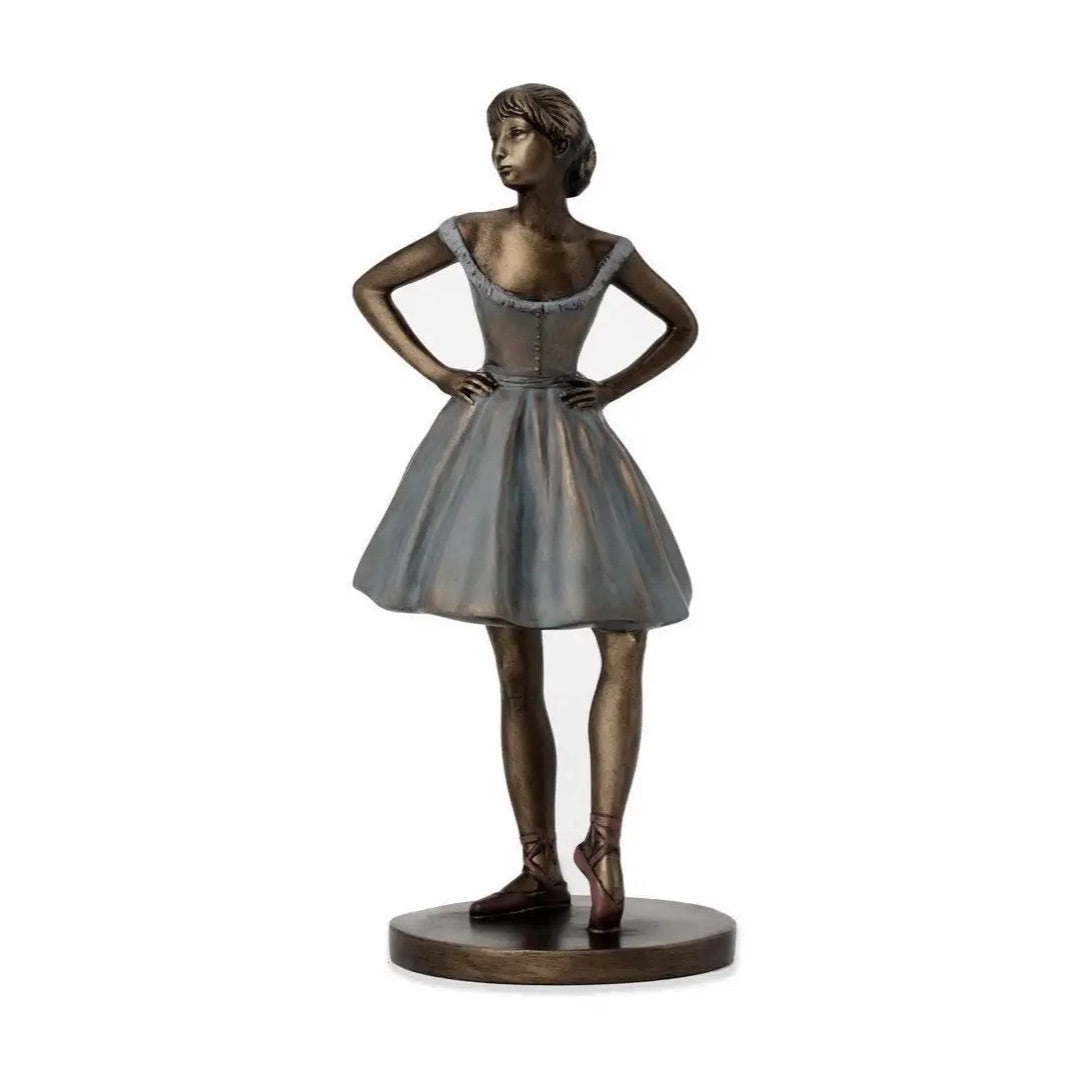 Degas rose ballerina dancer statue hand-cast stone resin, Rose in performance dress with bow, standing confident pose front view with bronze finish.