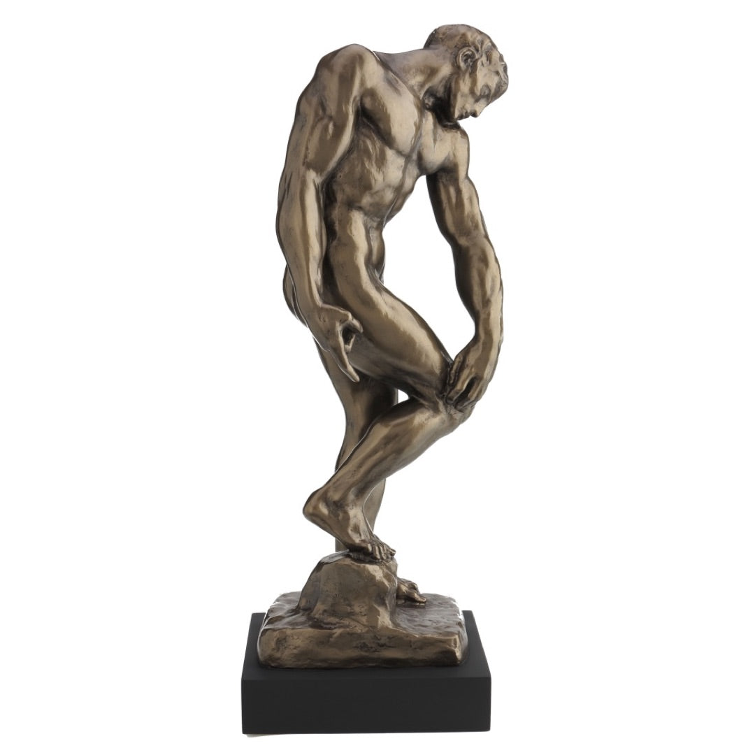 Angled view of Adam from Gates of Hell bonded stone statue, 18 inch height