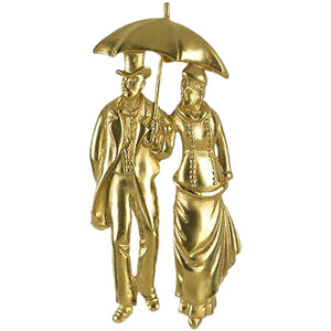 Caillebotte Paris on Rainy Day Couple Under Umbrella Pin Gold Brooch Museum Jewelry 2.1H
