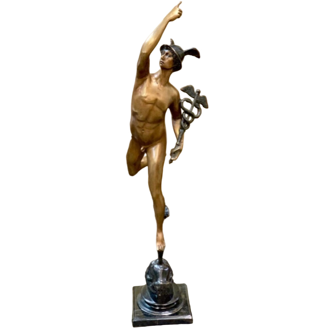 Lost-wax bronze Mercury (Hermes) sculpture after Giambologna with dynamic Renaissance pose and fine classical detail.