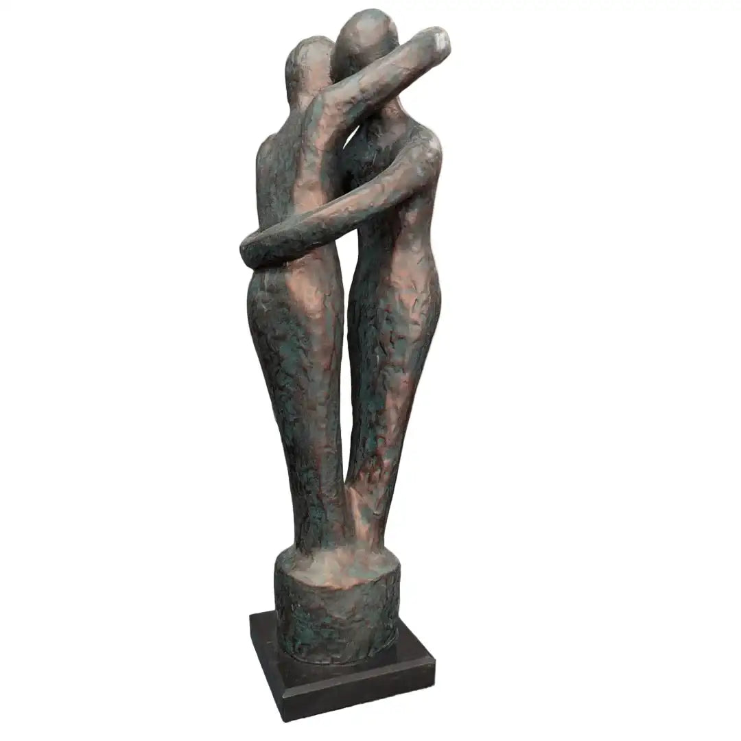 Lovers embracing forming a hug, forming two rings, wedding rings statue