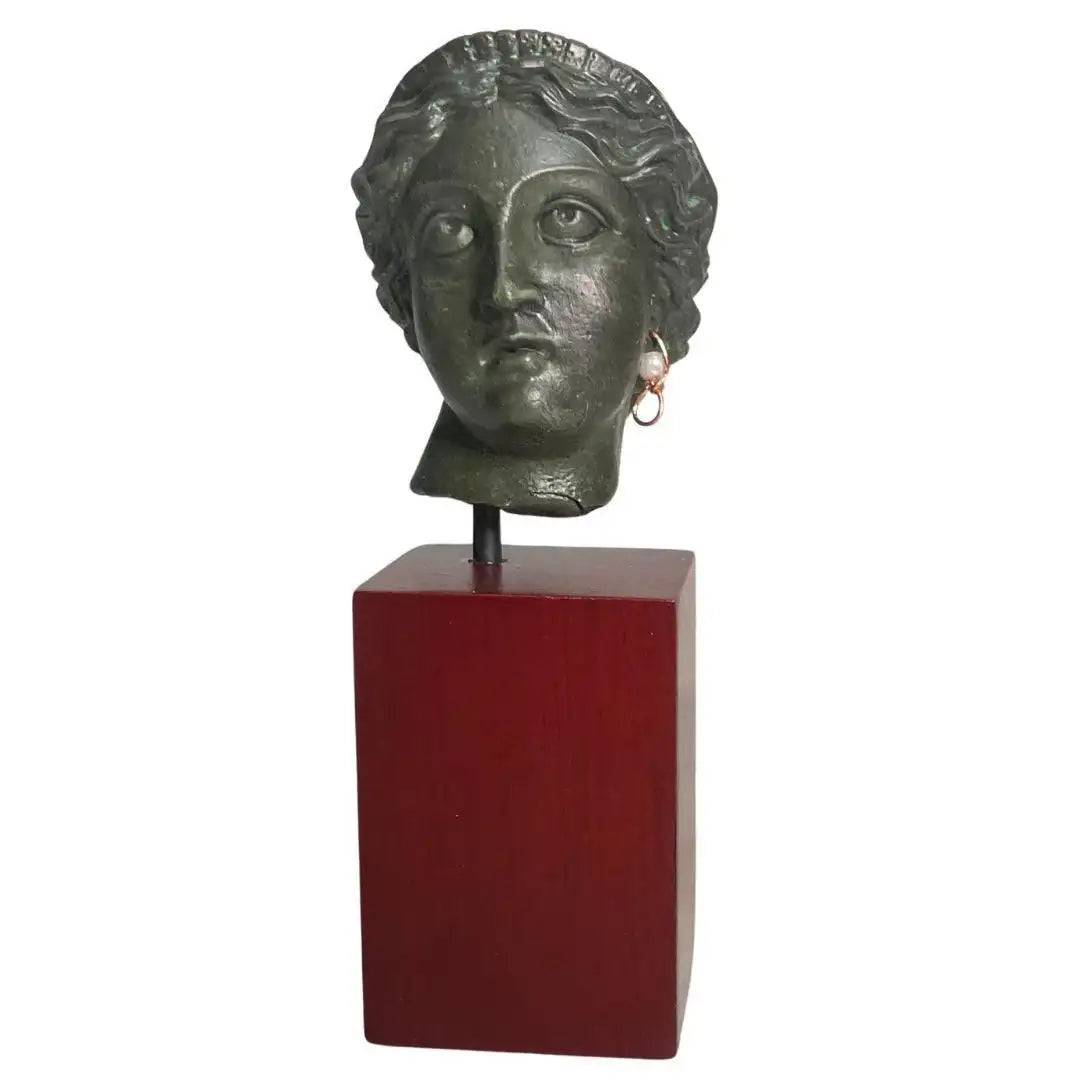 Miniature Roman Head of Venus Aphrodite bust with metal earring on pedestal