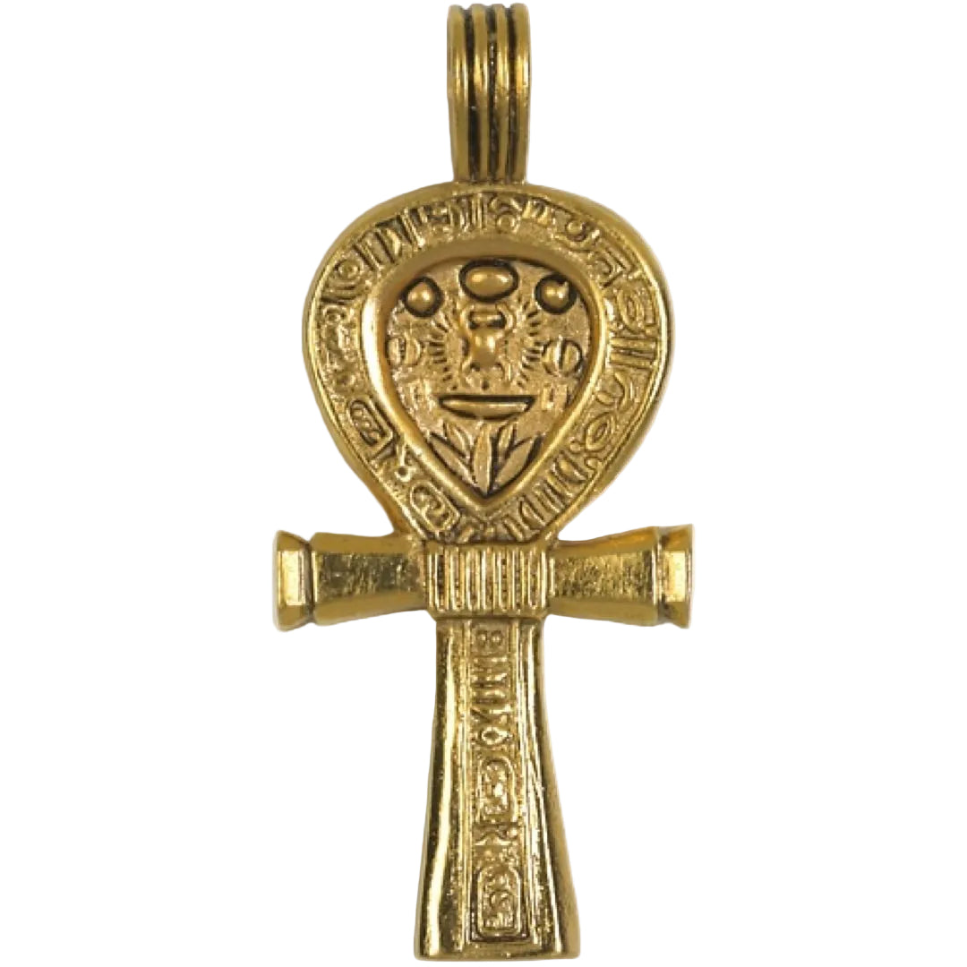 A gold-toned Egyptian Ankh pendant with detailed hieroglyphic engravings