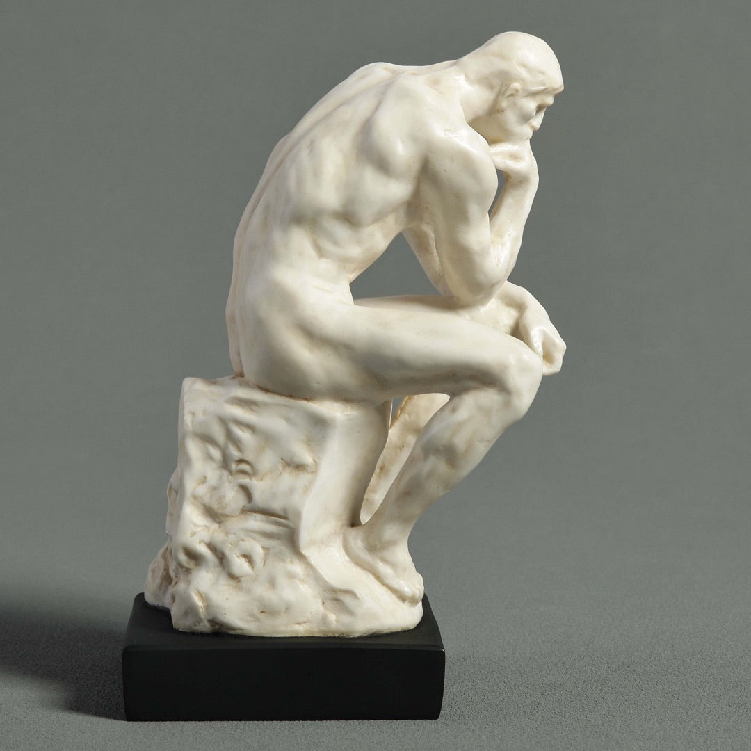 side view Rodin The Thinker desk statue, white with black base