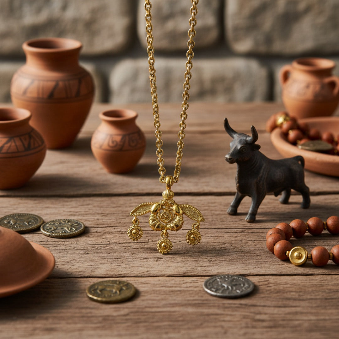 Minoan bees necklace replica near other minoan items and minotaur bull