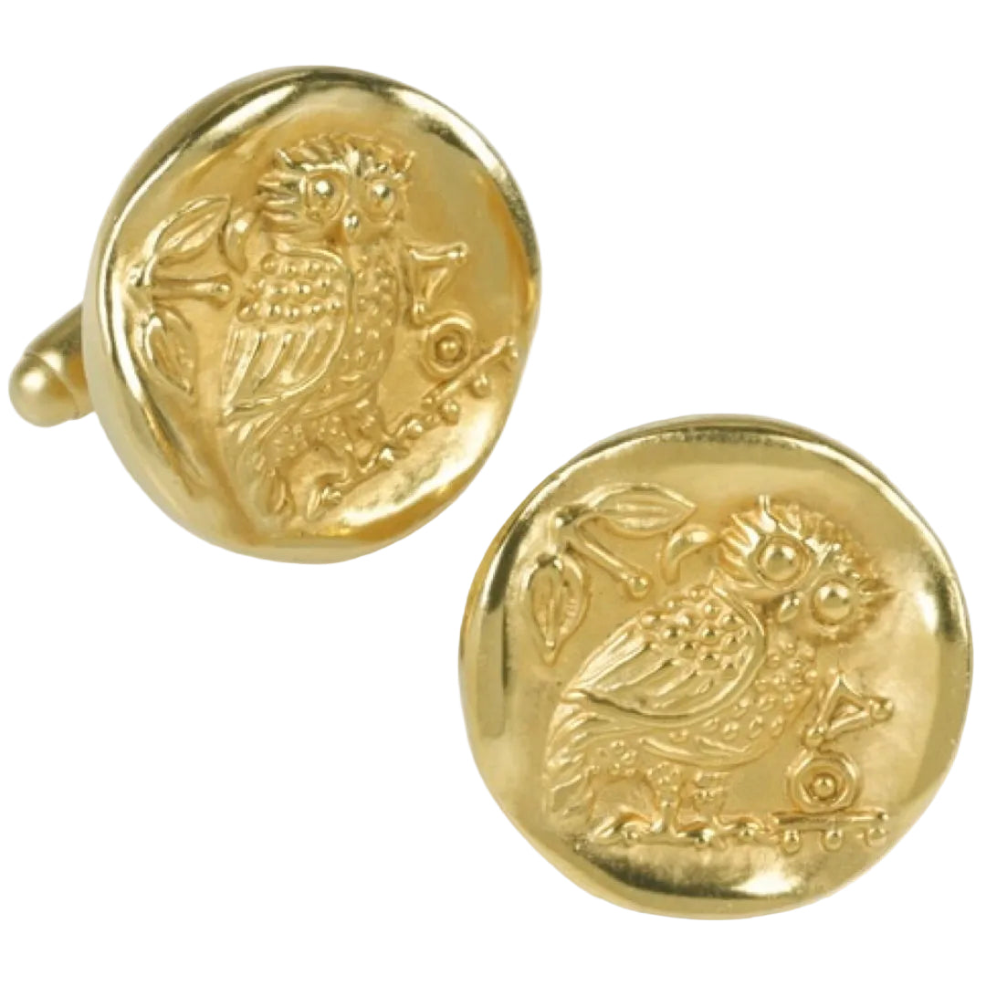Owl of Athena coin cuff links , museum replica, gold-plated
