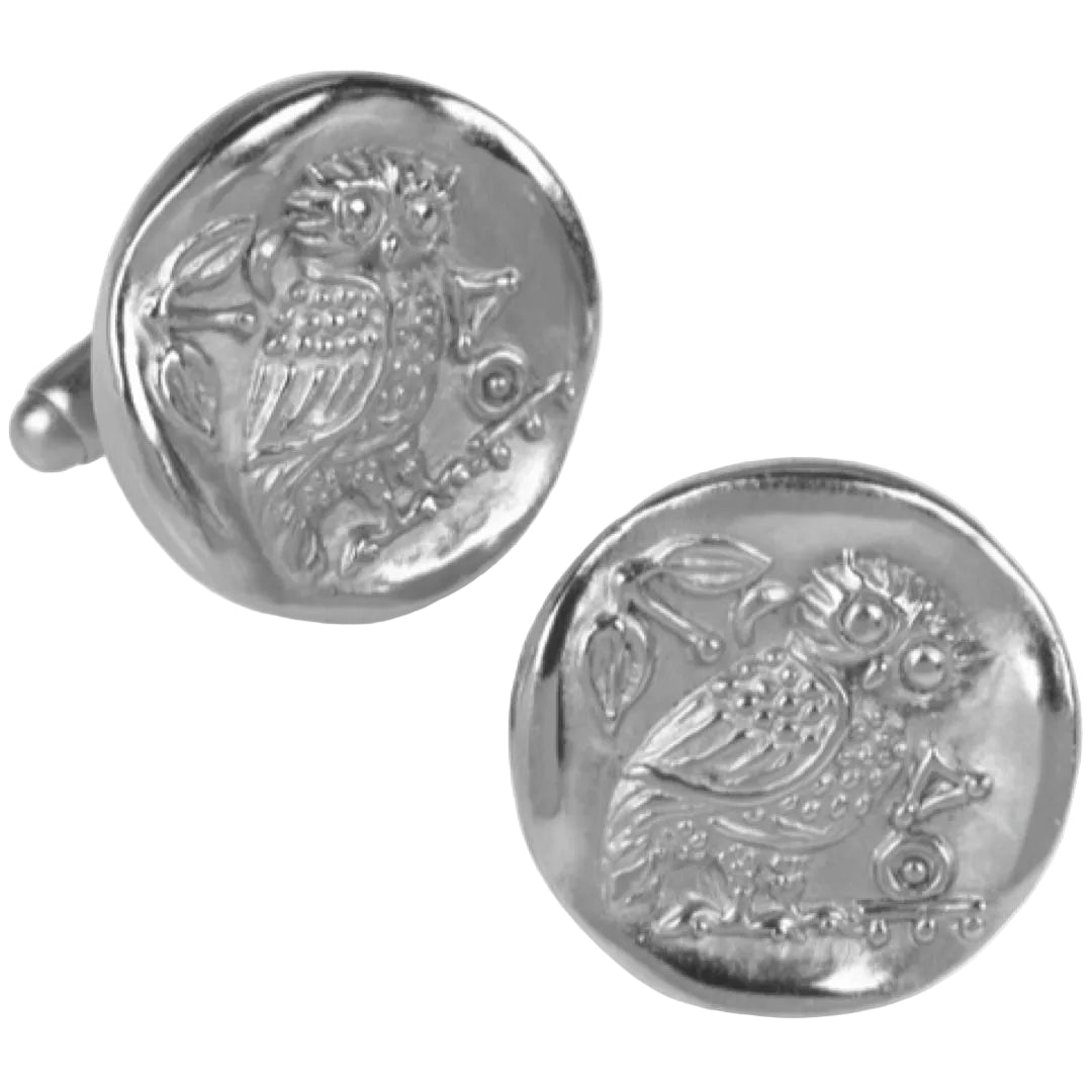 Owl of Athena coin cuff links , museum replica, silver-plated