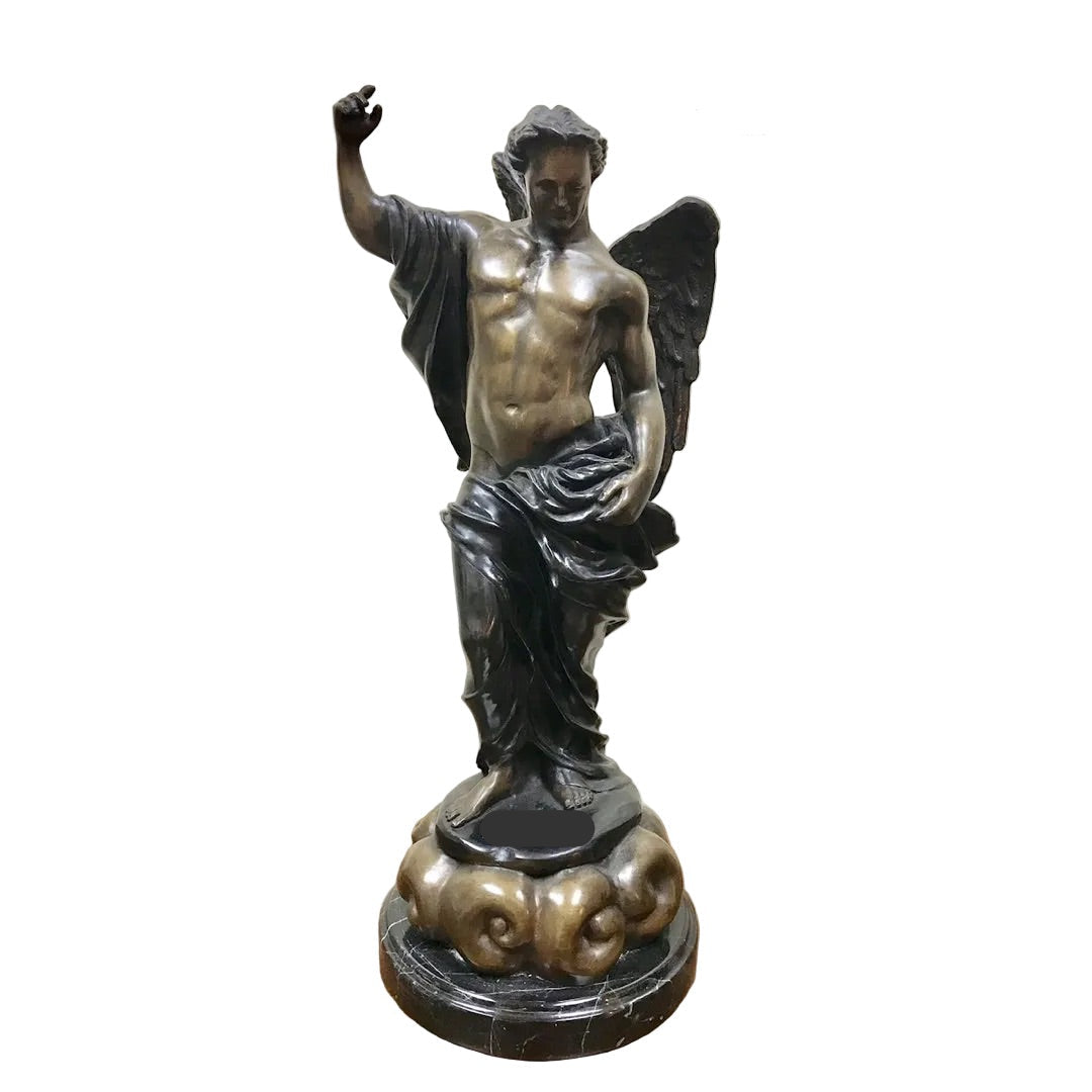 A classical-style winged male statue with a bronze and black patina finish, standing on a cloud-like base
